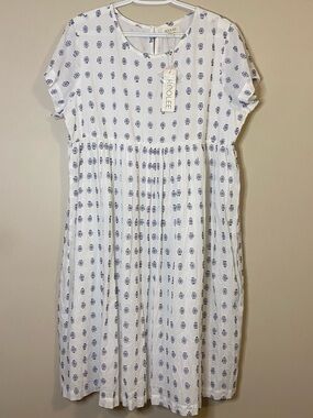 ROOLEE NWT White Blue Geometric Print Short Sleeve Babydoll Midi Dress Size L